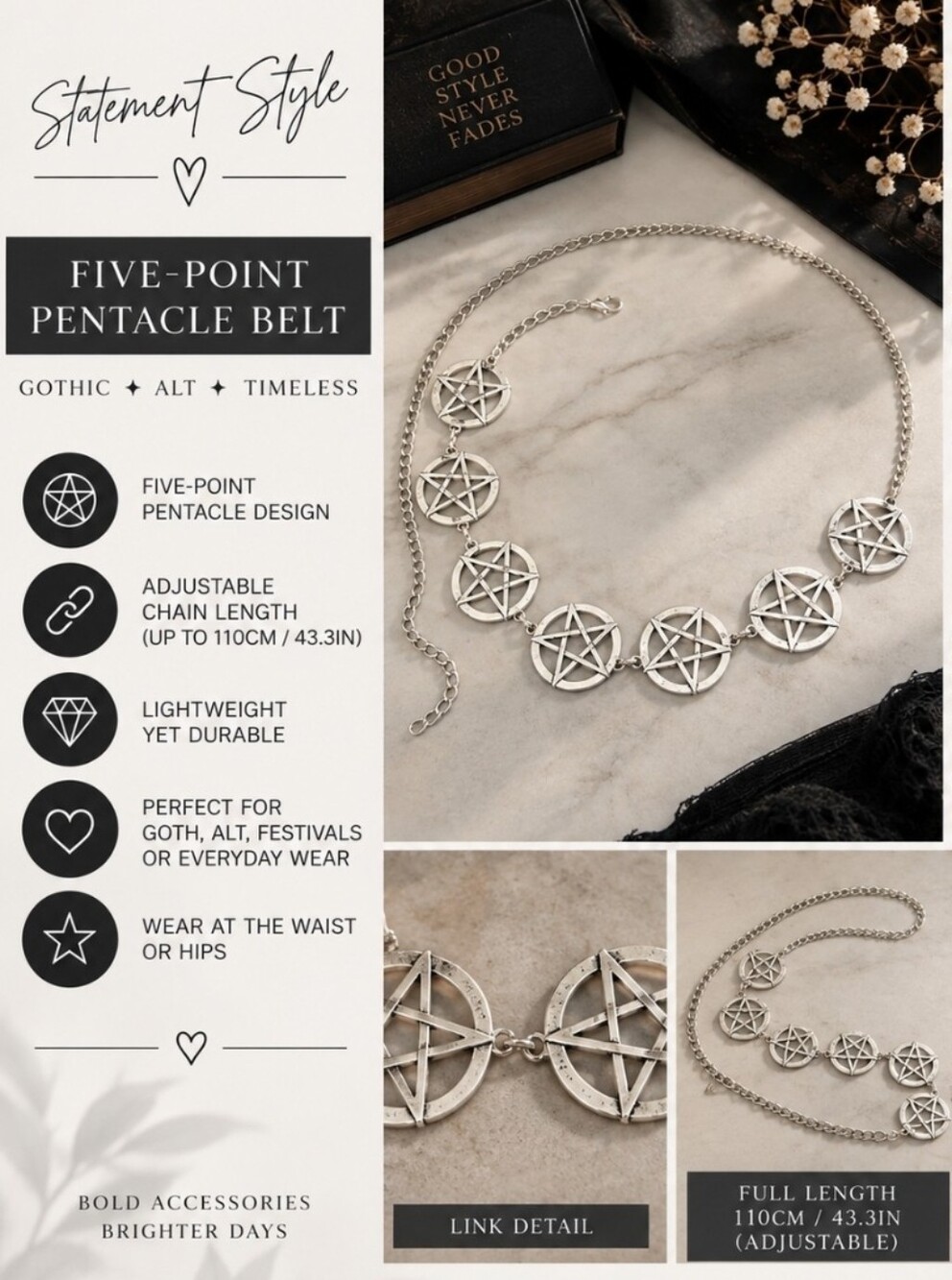 Silver Pentacle Emo Wiccan Gothic Link Belt